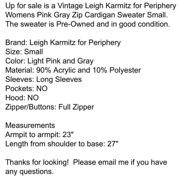 Vintage Leigh Karmitz for Periphery Pink Gray Zip Cardigan Sweater Sz Small - Picture 5 of 5